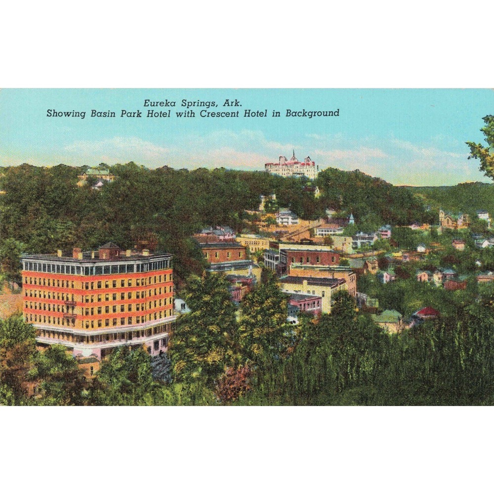Vintage Eureka Springs Arkansas Postcard Basin Park and Crescent Hotel Linen - Picture 1 of 2